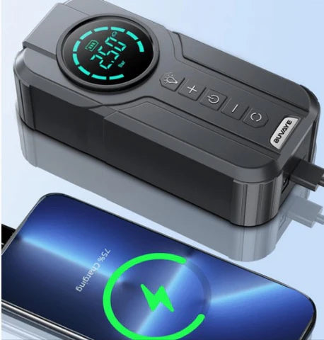 Compressor de Ar Portátil  Recarregável com Power Bank e Lanterna - Auxiliar de Partida e Calibrador