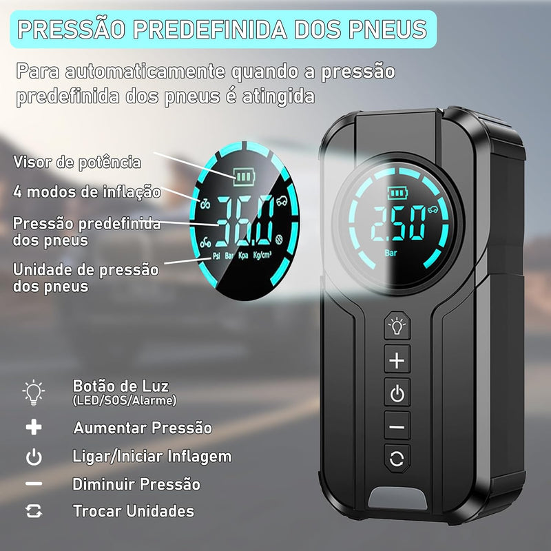 Compressor de Ar Portátil  Recarregável com Power Bank e Lanterna - Auxiliar de Partida e Calibrador