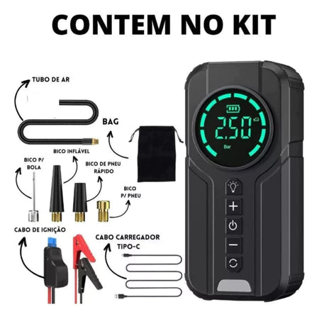 Compressor de Ar Portátil  Recarregável com Power Bank e Lanterna - Auxiliar de Partida e Calibrador