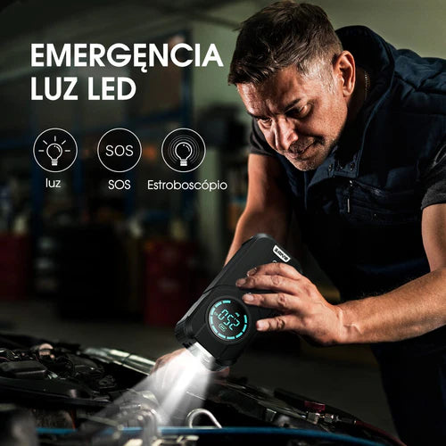Compressor de Ar Portátil  Recarregável com Power Bank e Lanterna - Auxiliar de Partida e Calibrador